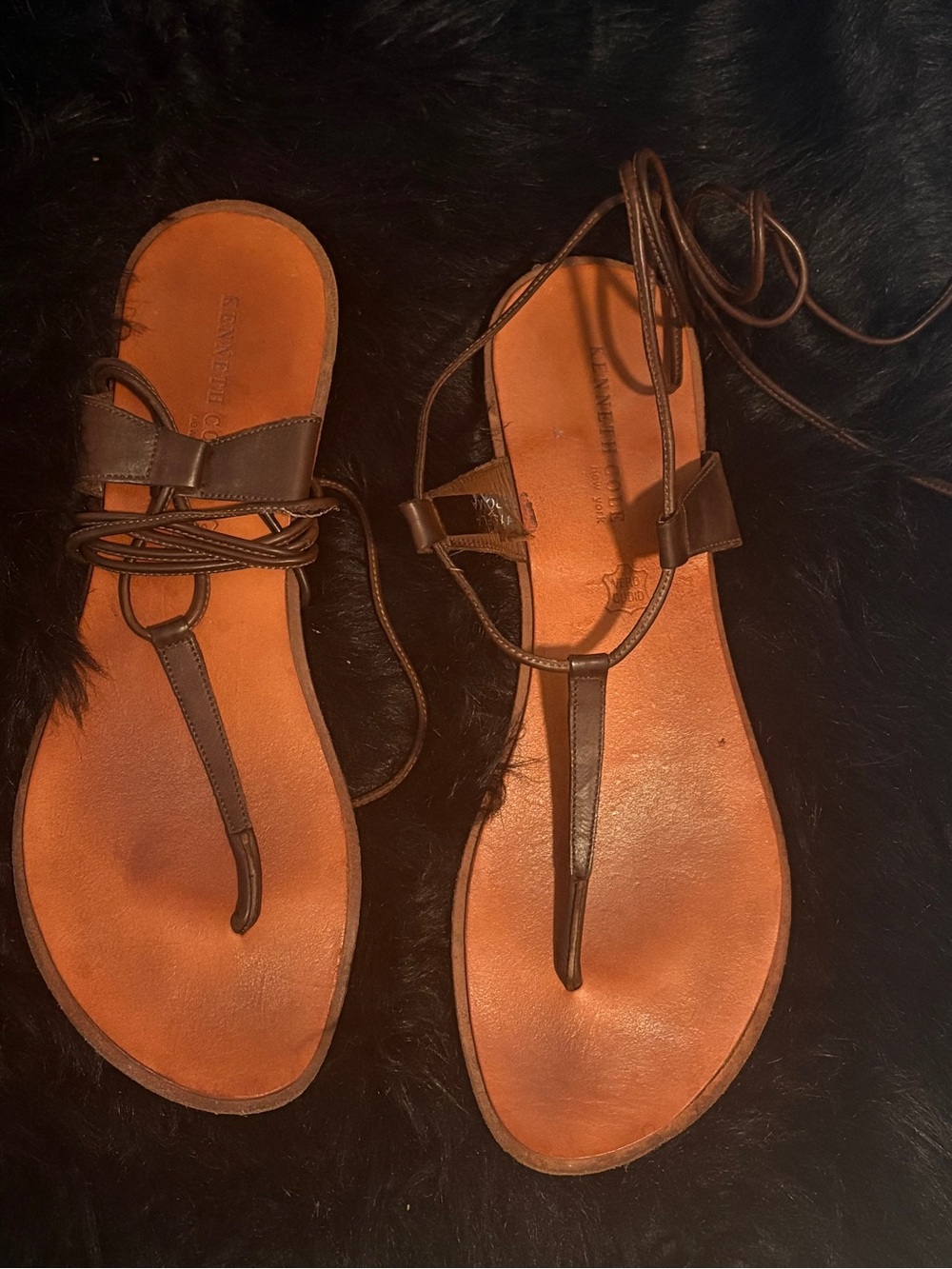 Kenneth Cole Brown Leather Lace-Up T-Strap Sandals